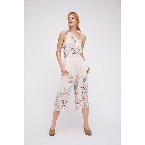 Free People Jumpsuit Island Time Floral Womens Small Cream One Shoulder Wide Leg - Picture 15 of 15